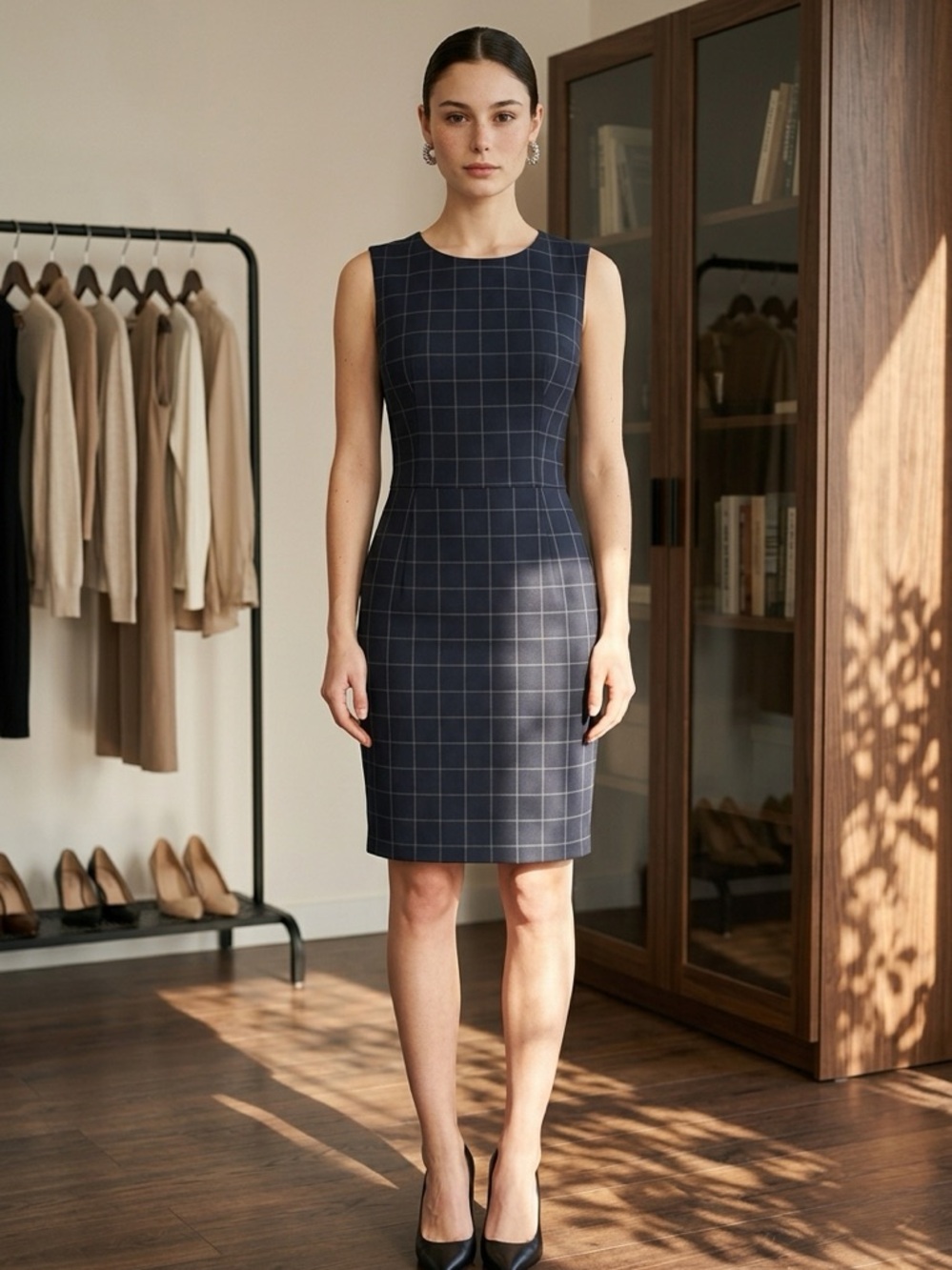 Ann Taylor Black Sheath Dress with Gray Windowpane